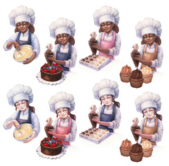 Cute smiling girls are piping whipped cream onto a chocolate cake, cupcakes, sweets using a pastry bag and whipping batter