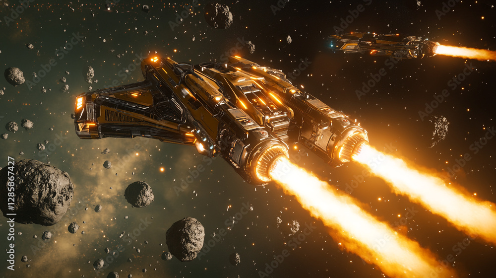 Poster futuristic spaceship flying in deep space with asteroids