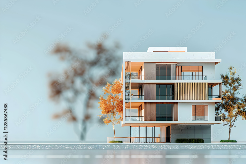 Poster modern architectural design of a residential building with autumn trees in a serene setting