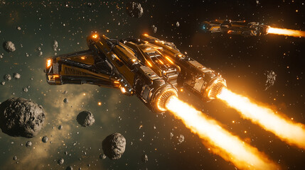 Fototapeta premium Futuristic Spaceship Flying in Deep Space with Asteroids