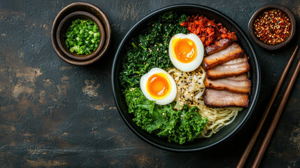 Menu of kale, Delicious ramen bowl with soft-boiled eggs, pork, and vegetables on a rustic table.