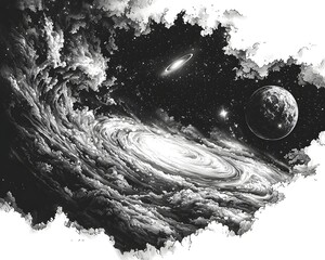 Abstract Black Tattoo of Dynamic Galaxy Swirl with Stars and Planets on White Background