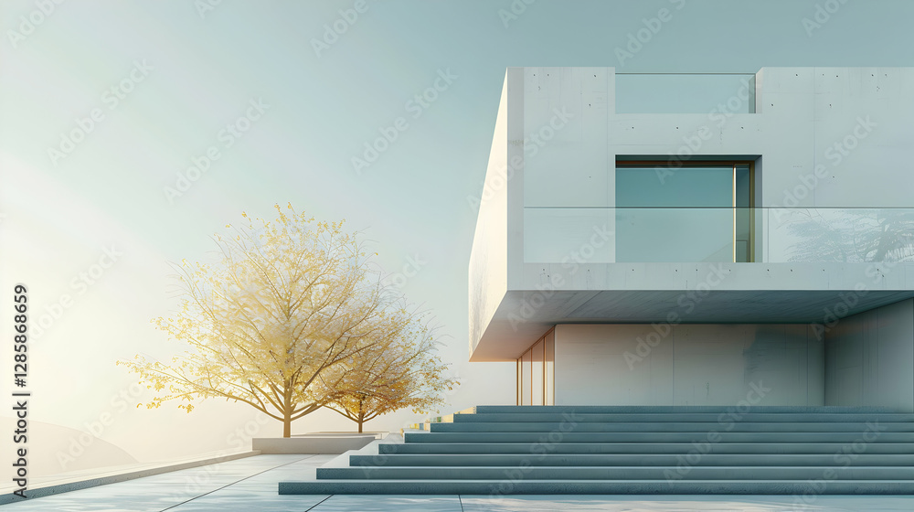 Poster modern minimalist architecture featuring a sleek concrete structure and autumn trees under soft sunl