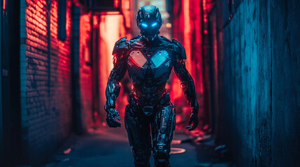 Fototapeta premium Futuristic Cyborg walking in urban alleyway