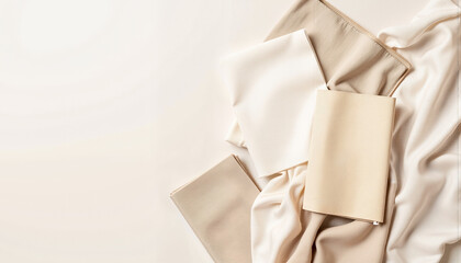 DIY Home Renovation textile samples in beige and pastel tones, soft diffused light mockup