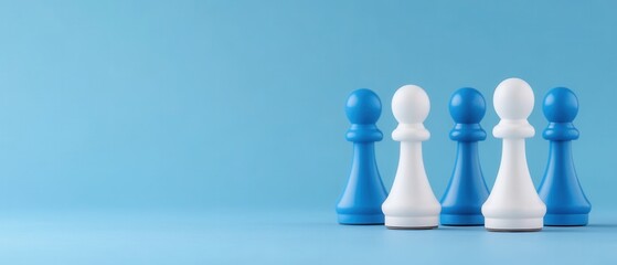 Blue and White Game Pawns on a Light Blue Background for Board Game Strategy and Competition Concepts