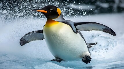 Fototapeta premium A penguin sliding on ice in Antarctica