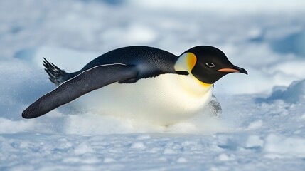 Fototapeta premium A penguin sliding on ice in Antarctica