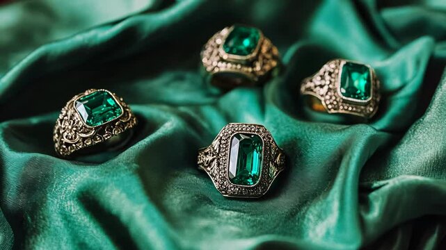 Elegant vintage rings featuring emerald gemstones displayed on luxurious green fabric