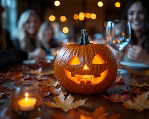 Warm Family Gathering with Glowing Pumpkin Centerpiece and Maple Leaves for Cozy Canadian Thanksgiving Dinner