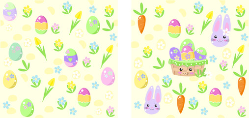 Set of seamless Easter pattern light yellow, with bunnies, flowers, Easter eggs, flowers, beautiful background. Suitable for Easter cards, textiles, banners, wallpapers. Vector illustration.