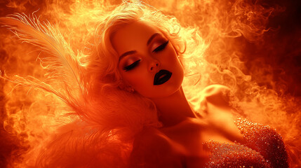 Fiery goddess in golden light exuding power and seduction, perfect for luxury branding and dramatic fashion editorials
