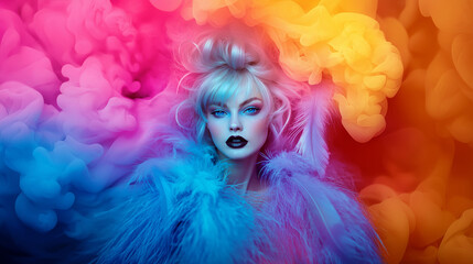 Vibrant surreal beauty with multicolored feathers and bold makeup for high-fashion editorials and artistic branding. Dreamy colored smoke background