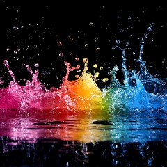 Rainbow colored water splashes emerging from a black background