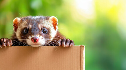 Charming ferret peeking over cardboard box, playful and curious