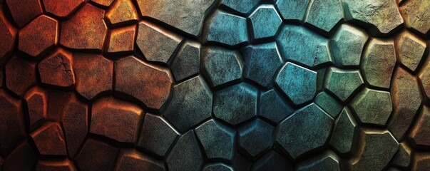 A close-up of a stone background with vibrant red, blue, and orange shades