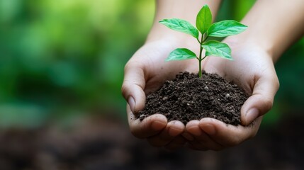 Fresh Green Plant Seedling Growing in Hands Over Soil with Lush Background of Nature