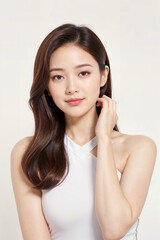 Fototapeta premium A woman with long brown hair and a white tank top is smiling for the camera