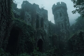Dark, eerie abandoned castle ruins shrouded in fog and mystery