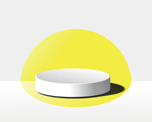 White stage with round floor podium on yellow background. Round white platform perfect for cosmetics or exhibits display. Realistic 3D vector studio. EPS 10