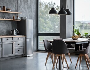 Grey kitchen interior with table and chairs near window on concrete floor