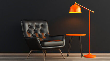 Modern black leather chair paired with stylish orange lamp and table, perfect for chic home decor and contemporary living spaces.