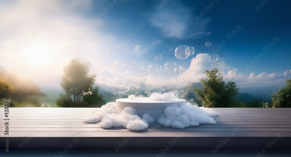 Poster a platform surrounded by clouds is set in a serene landscape with mountains and trees under a bright