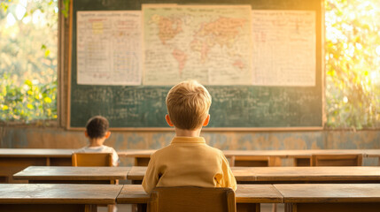 Children in a sunlit classroom enhancing learning through maps and charts. Engaging educational environment fosters creativity and growth.