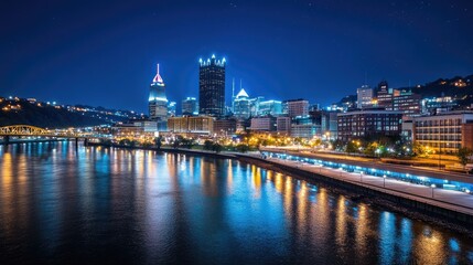 Nighttime cityscape photography of pittsburgh pennsylvania urban landscape illuminated waterfront aesthetic perspective