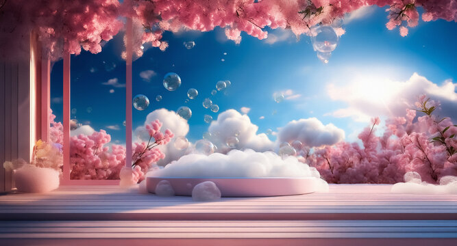 Dreamscape of pink blossoms framing a cloud platform beneath a bright blue sky dotted with floating bubbles, creating a serene and magical vista.