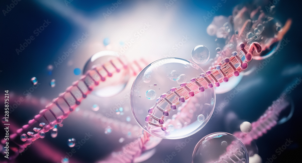 Poster pink segmented strands are surrounded by transparent bubbles against a blue and white backdrop. abst