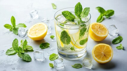 Fototapeta premium Refreshing Lemon Mint Iced Drink on Light Gray Surface