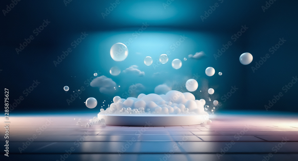 Poster a white circular platform stands in a spotlight, surrounded by floating bubbles and cloud-like vapor
