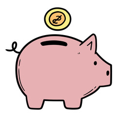 Hand drawn cartoon piggy bank with falling gold coin on white background.