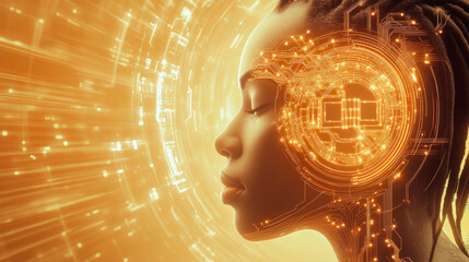Futuristic digital art depicting a human face integrated with technology, showcasing innovation, artificial intelligence, and virtual reality concepts.