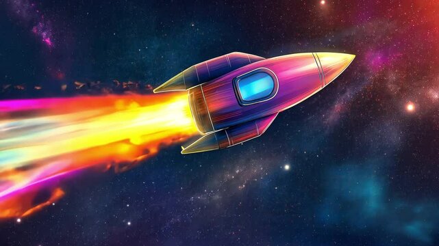 Against a backdrop of stars, a bright pink rocket with a blue window travels into space, leaving behind it colourful streams of light.