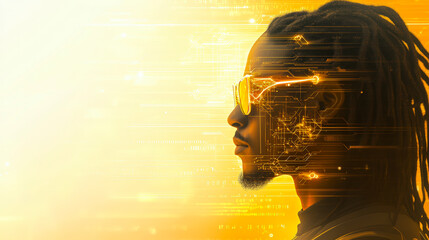 Futuristic technology concept with a man wearing digital interface glasses, symbolizing innovation, AI advancement, and virtual reality trends.