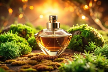 A beige backdrop showcases a perfumed bottle on moss, food photography style.