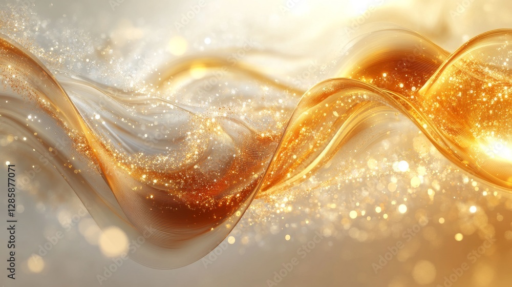 Poster golden and shiny ethereal flowing ribbons creating abstract compositions of light