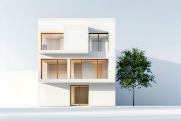 Modern minimalist house design with large windows and a tree in a serene outdoor setting