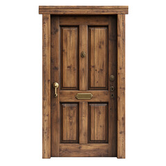 Rustic wooden door with brass handle and knocker for traditional homes
