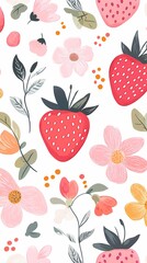 cute pink and white strawberry flowers illustration poster background