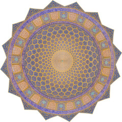A detailed view of the intricate, cut-out ceiling of Sheikh Lotfollah Mosque in Isfahan, showcasing Persian tilework and geometric patterns. 