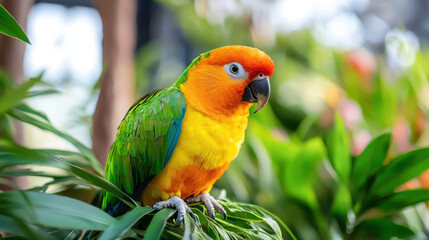 Colorful parrot perched on green leaves in vibrant environment, showcasing its bright feathers and playful demeanor
