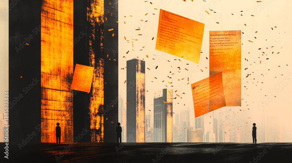 Poster futuristic cityscape with towering buildings and floating documents highlights digital innovation. e