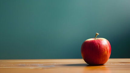 A vibrant red apple rests on a wooden table against a soft green background, evoking freshness