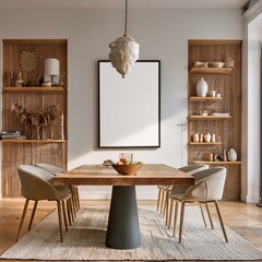 Modern home living room interior with dining table and shelf, mockup frame