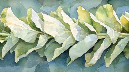 Watercolor Painting of Leafy Branch with Delicate Green and Yellow Hues