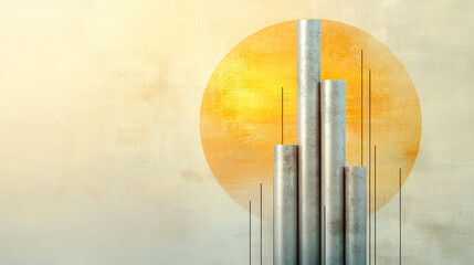 Modern abstract art featuring vertical metal cylinders against a warm sunburst background. Ideal for contemporary decor inspiration and design.