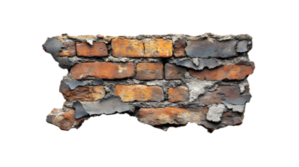 Damaged Red Brick Wall with Eroded Cement and Gritty Surface on transparent background
